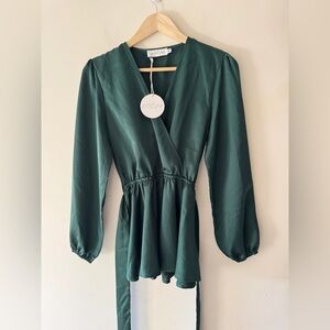 Petal & Pup Emerald Green Satin Waist Tie Mini Event Dress